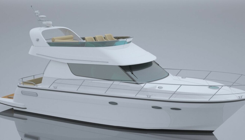 ØKO-CRUISER: Med en marsjfart på 22 knop, skal den kunne skilte med markedets beste driftsøkonomi for flybridgecruisere i denne størrelsen. SKISSE: Vaagen Boats