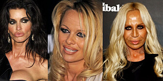 HUFF DA: Her har damene bommet litt med sminken. Janice Dickenson, Pamela Anderson og Donatella Versace kunne nok alle visket ut noen år om de hadde tonet ned sminken litt.