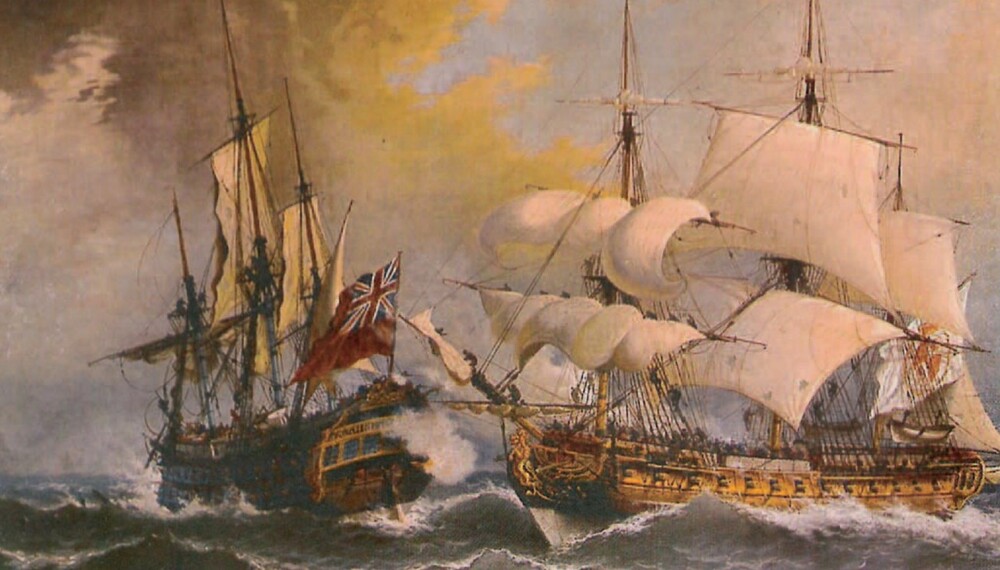På illustrasjonen under ser vi en engelsk «pirateer» i kamp mot et spansk skip.