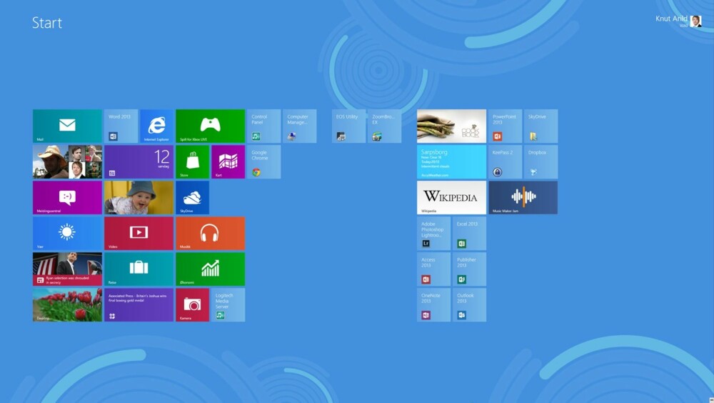 FLISLAGT MENY: Denne menyen møter deg når du logger inn i Windows 8, i stedet for det «gode gamle» skrivebordet.