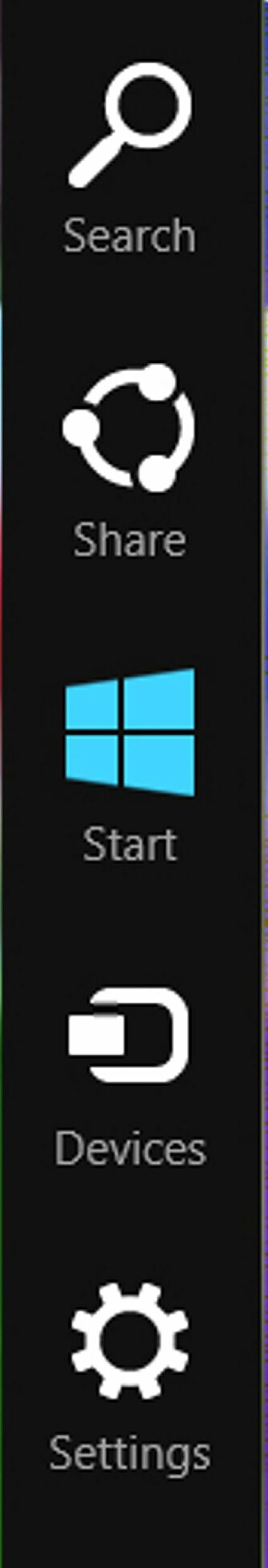 «HEMMELIG» MENY: Mange av funksjonene du tidligere fant på Start-menyen, ligger i Windows 8 i en meny som dukker opp ved å klikke i et hjørne på høyre side av skjermen.
