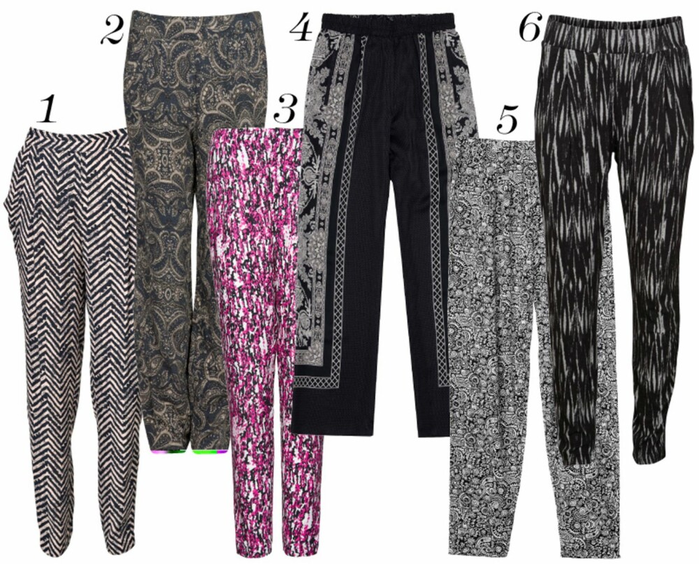FINE LØSE BUKSER: 1. by Malene Birger, kr 1799. 2. Vivikes, kr 299. 3. Mango, kr 349. 4. Zara, kr 699. 5. Monki, kr 250. 6. Vila, kr 400. FINE LØSE BUKSER: 1. by Malene Birger, kr 1799. 2. Vivikes, kr 299. 3. Mango, kr 349. 4. Zara, kr 699. 5. Monki, kr 250. 6. Vila, kr 400.