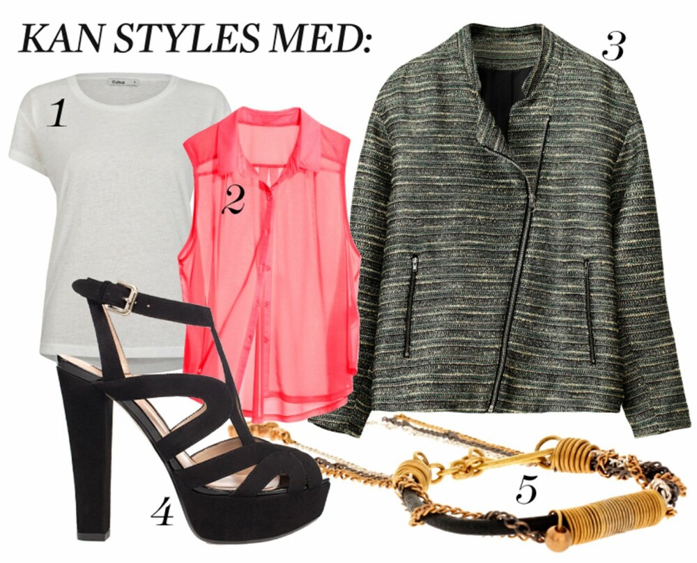 1. T-skjorte fra Cubus, kr 149. 2. Topp fra H&M, kr 149. 3. Jakke fra H&M, kr 400. 4. Sko fra Zara, kr 599. 5. Armbånd fra Asos, kr 290. 1. T-skjorte fra Cubus, kr 149. 2. Topp fra H&M, kr 149. 3. Jakke fra H&M, kr 400. 4. Sko fra Zara, kr 599. 5. Armbånd fra Asos, kr 290.