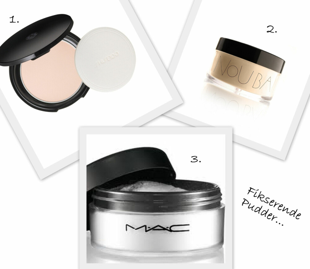FOTO: 1. Translucent Pressed Powder fra Shiseido (kr 399), 2. Magic Powder fra Nouba  (kr 329), 3. Prep Prime Transparent Finishing Powder fra MAC (kr 200).