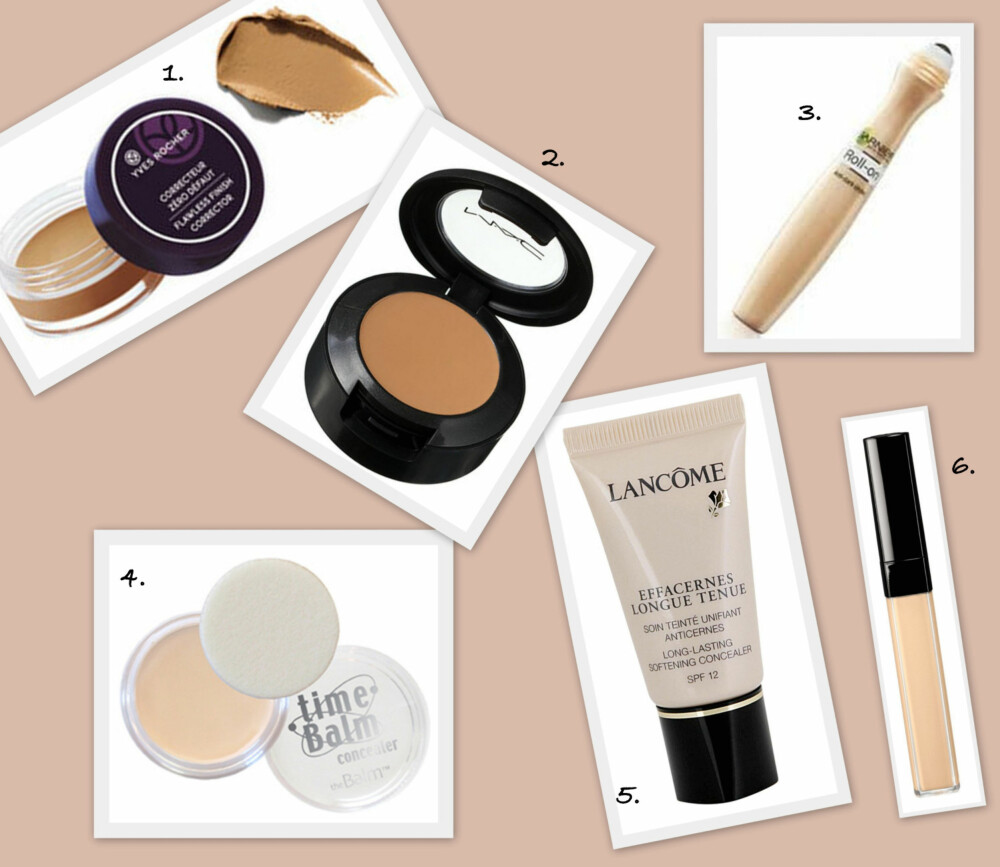 CONCEALER: 1. Krem Concealer fra Yves Rocher (kr 79), 2. Studifinish Concealer fra MAC (kr 180), 3. Tinted roll on Concealer fra Garnier (kr 125), 4. Anti Wrinkle Concealer fra The Balm (kr 189), 5. Effacernes Concealer fra Lancôme (kr 295), 6. Correcteur Perfection Concealer fra Chanel (kr 330).