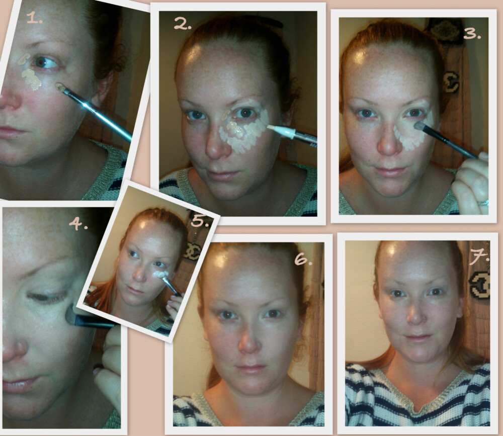 STEG-FOR-STEG: Begynn med en korrigerende concealer der du er blå eller lilla. Ofte i en linje under øyet og i øyekroken ved nesebenet, 2. Legg så en klassisk lysreflekterende concealer eller highlighterpenn på det resterende området, 3. Begynn med å blende ut den korrigerende concealeren vi la først, 4. Og så jobb ut den lyse pennen og smelt de to sammen i kantene, 5. Sett det hele med et gjennomsiktig pudder, 6. Se så stor forskjell dette gjør! Øyet til venstre er helt uten sminke, 7. Og så har vi lagt concealer på begge øynene og med ett fått jevnet ut hudtonen i ansiktet også. STEG-FOR-STEG: Begynn med en korrigerende concealer der du er blå eller lilla. Ofte i en linje under øyet og i øyekroken ved nesebenet, 2. Legg så en klassisk lysreflekterende concealer eller highlighterpenn på det resterende området, 3. Begynn med å blende ut den korrigerende concealeren vi la først, 4. Og så jobb ut den lyse pennen og smelt de to sammen i kantene, 5. Sett det hele med et gjennomsiktig pudder, 6. Se så stor forskjell dette gjør! Øyet til venstre er helt uten sminke, 7. Og så har vi lagt concealer på begge øynene og med ett fått jevnet ut hudtonen i ansiktet også.