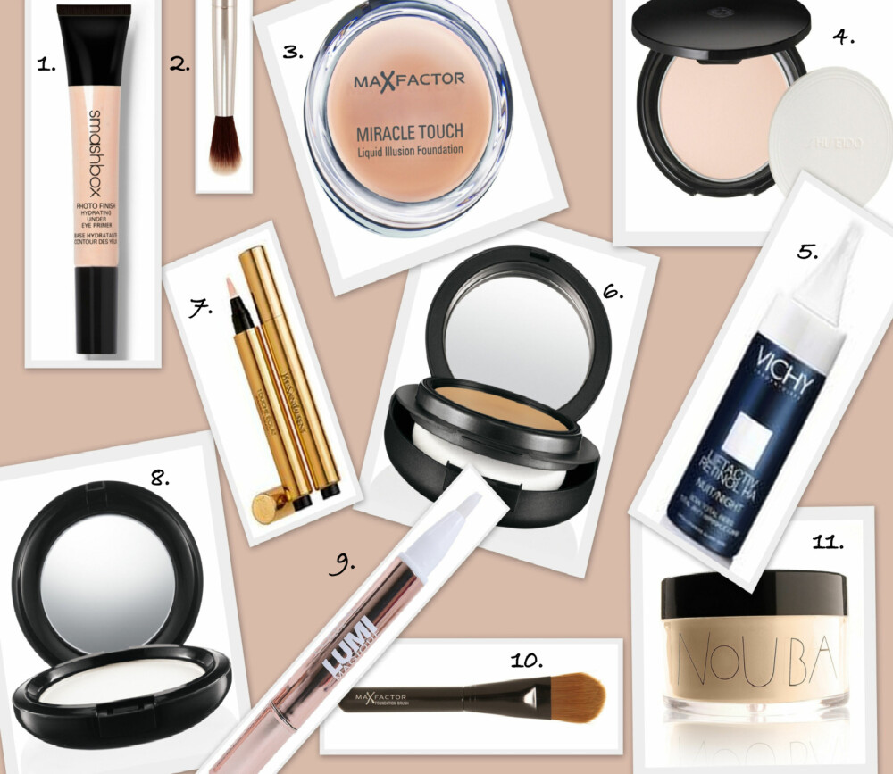 HJELPEMIDLER: 1. Hydrating Under Eye Primer fra Smashbox (kr 190), 2. Dome Blending Eye Brush fra Everyday Minerals (kr 149), 3. Miracle Touch krem Foundation fra Max Factor er god som concealer for tørr hud (kr 169), 4. Translucent Pressed Powder fra Shiseido (kr 399). 5. Vichy Liftactive Retinol HA Night fra Boots (kr 379), 6. Mineralize Foundation Compact SPF15 fra MAC er også god som concealer for tørr hud (kr 300), 7. Touche Eclat highlight penn fra YSL er fin til å lysne rundt den korrigerende concealeren (kr 315). 8. Prep + Prime Transparent Finishing Powder fra MAC (kr 200), 9. Lumi highlighter-penn fra L¿Oréal Paris (kr 135 ), 10. Foundation kost fra Max Factor (kr 100), 11. Magic Powder fra Nouba (kr 329). HJELPEMIDLER: 1. Hydrating Under Eye Primer fra Smashbox (kr 190), 2. Dome Blending Eye Brush fra Everyday Minerals (kr 149), 3. Miracle Touch krem Foundation fra Max Factor er god som concealer for tørr hud (kr 169), 4. Translucent Pressed Powder fra Shiseido (kr 399). 5. Vichy Liftactive Retinol HA Night fra Boots (kr 379), 6. Mineralize Foundation Compact SPF15 fra MAC er også god som concealer for tørr hud (kr 300), 7. Touche Eclat highlight penn fra YSL er fin til å lysne rundt den korrigerende concealeren (kr 315). 8. Prep + Prime Transparent Finishing Powder fra MAC (kr 200), 9. Lumi highlighter-penn fra L¿Oréal Paris (kr 135 ), 10. Foundation kost fra Max Factor (kr 100), 11. Magic Powder fra Nouba (kr 329).