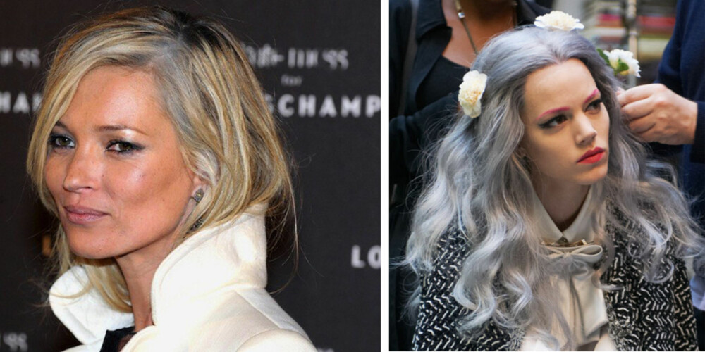 ER GRÅTT HOT? Kate Moss burde kanskje gjort noe med fargen sin, men på modellen til høyre er den grå fargen gjort med fullt overlegg.