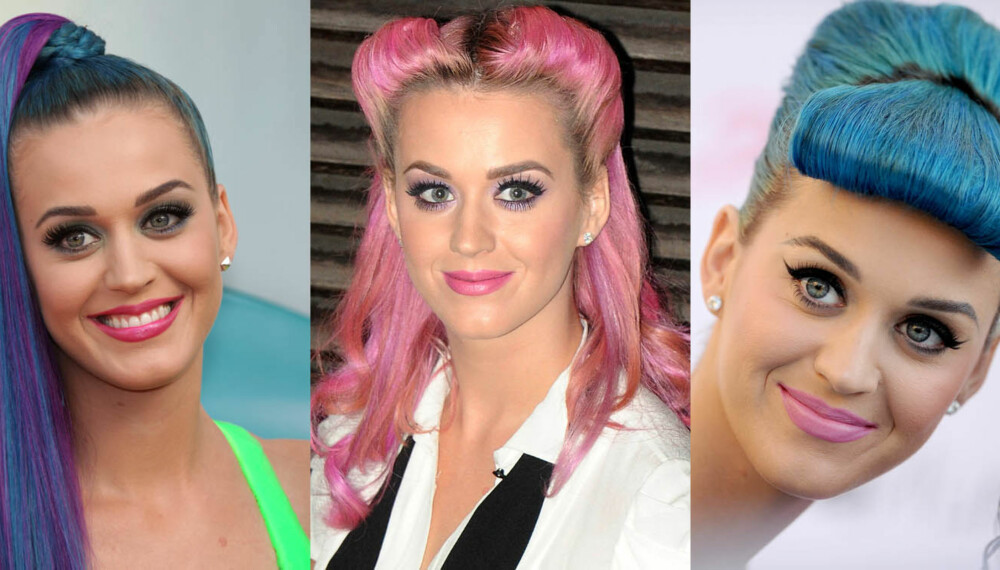 FARGERIK: Joda, Katy Perry prøver jo ikke å se naturlig ut med sine tegneseriefigurfrisyrer. Men å kle rosa hår, det er vanskelig selv for henne.