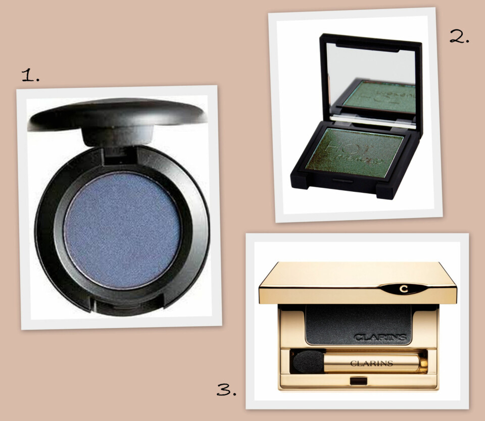 ØYESKYGGE-LINER: 1. Eyeshadow i fargen Contrast fra MAC (kr 160), 2. Single Eyeshadow i fargen Dark Petrol fra Hotmakeup/Nelly.no (kr 59), 3. Ombre Mineral Eyeshadow i fargen Black Sparkle fra Clarins (kr 235).