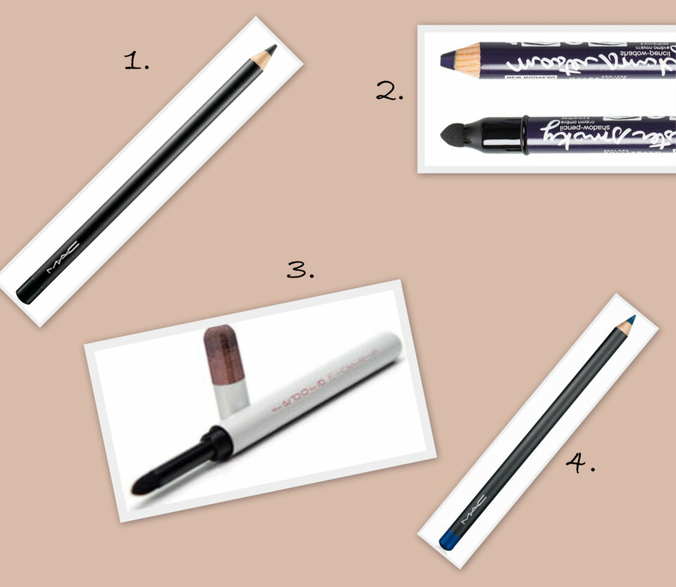 KAJAL EYELINER: 1. Eye Kohl i fargen Smolder fra MAC (kr 140), 2. Master Smokey i fargen Violet fra Maybelline (kr 99), 3. Eyeliner & shadow i fargen smokey brown fra Fedora Minerals (kr 175), 4. Eye Kohl i fargen Blooz fra MAC (kr 140).