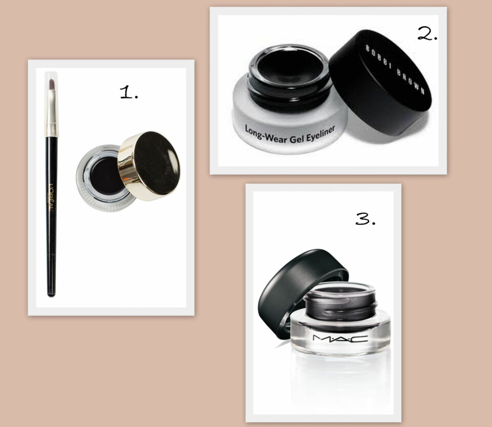 GEL EYELINERE: 1. Super Liner Gel Intenza fra L'Oréal Paris (kr 129), 2. Long-Wear Gel Eyeliner fra Bobbi Brown (kr 200), 3. Fluidline i fargen Blacktrack fra MAC (kr 150).