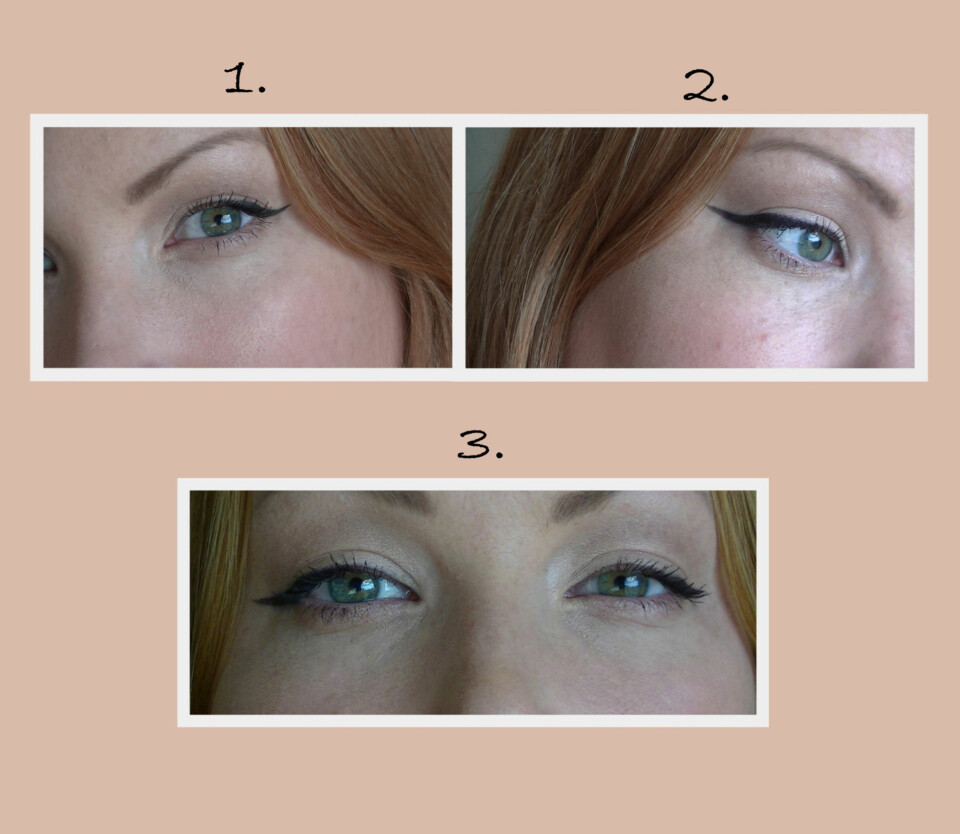 FORSKJELL PÅ FLYTENDE OG KAJAL EYELINER: 1. Flytende gel eyeliner, 2. Kohl kajal lagt over en øyeskygge-liner, 3. To veldig forskjellige utrykk, men samme fremgangsmåte og rettningslinjer- hvem liker du best?