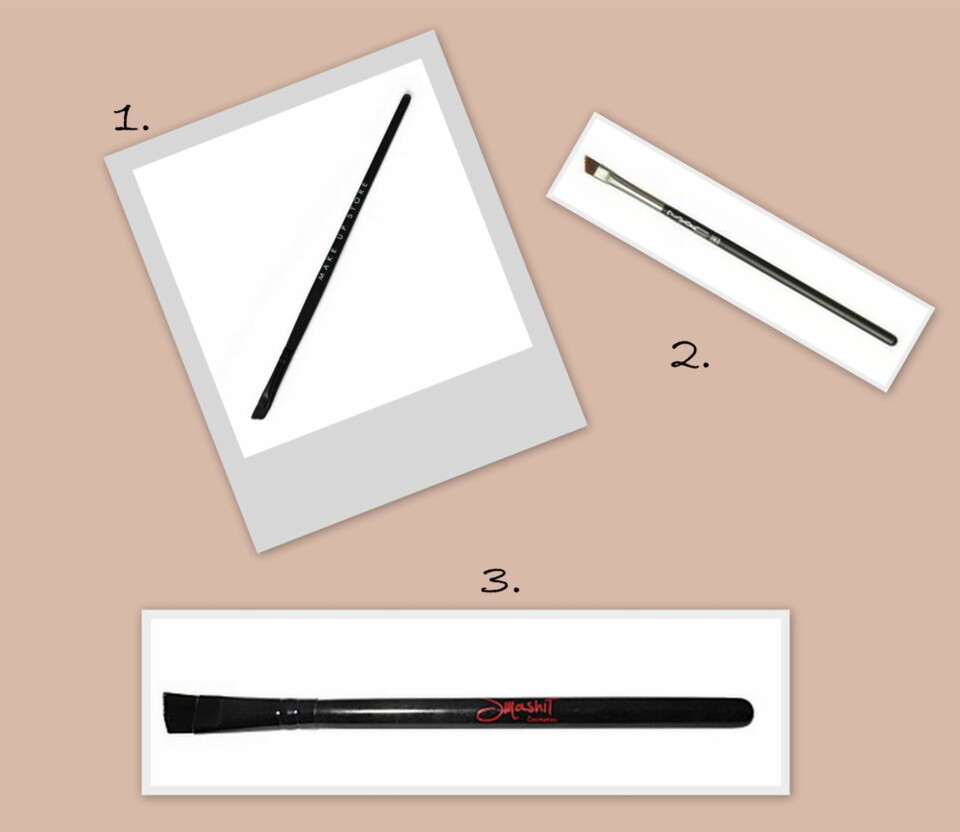EYELINER KOSTER: 1. Syntetisk skrå kost #210 fra Make Up Store (kr 115), 2. Angled brush #263 fra MAC (kr 185), 3. Angle Brow Brush fra Smashit/Nelly.no (kr 109).