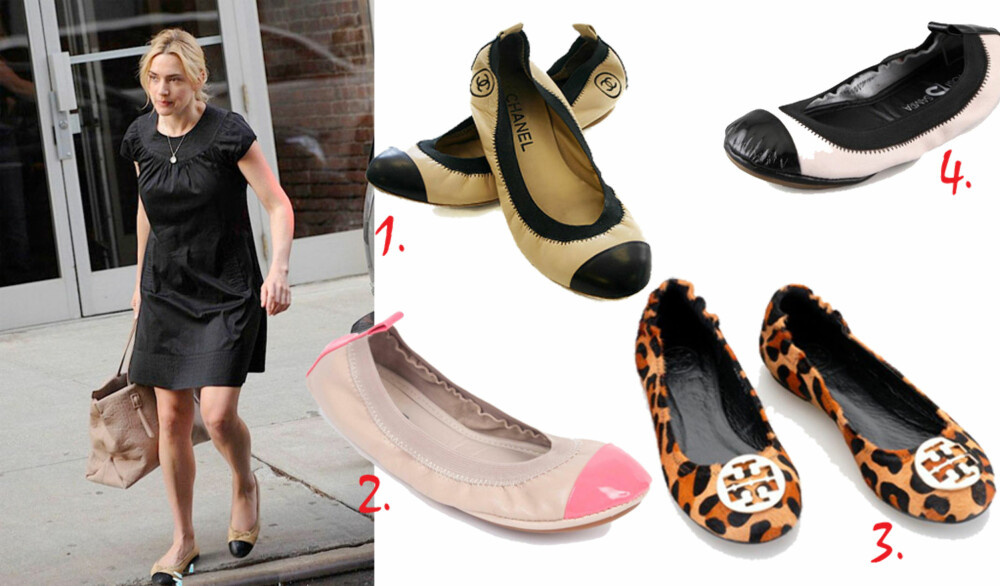 STIL OG KOMFORT: Ekspertene har talt: Det lønner seg å ha et par med pene ballerinasko i garderoben. Det har tydeligvis Kate Winslet fått med seg. 1. To-farget ballerinasko, ca. kr 1300, Chanel. 2. Supermyk balerinasko i skinn fra Yosi Samra, 480, Shopbop.com 3. Leopardmønstret Reva flats, kr 900, Toryburch.com. 4. Ballerinasko i tofarget skinn fra Yosi Samra, kr 550, Shopbop.com. STIL OG KOMFORT: Ekspertene har talt: Det lønner seg å ha et par med pene ballerinasko i garderoben. Det har tydeligvis Kate Winslet fått med seg. 1. To-farget ballerinasko, ca. kr 1300, Chanel. 2. Supermyk balerinasko i skinn fra Yosi Samra, 480, Shopbop.com 3. Leopardmønstret Reva flats, kr 900, Toryburch.com. 4. Ballerinasko i tofarget skinn fra Yosi Samra, kr 550, Shopbop.com.