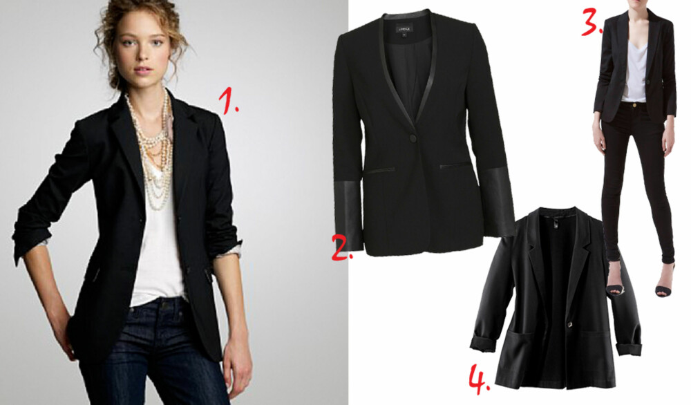 PASSER TIL ALT: En sort dressjakke kommer garanter til å redde deg fra mang en påkledningskrise. 1. Sort blazer, kr 1400, J. Crew. 2. Sort dressjakke i lang modell, kr 499, Lindex. 3. Sort blazer med én knapp, kr 799, Zara. 4. Dressjakke, kr 399, H&M. PASSER TIL ALT: En sort dressjakke kommer garanter til å redde deg fra mang en påkledningskrise. 1. Sort blazer, kr 1400, J. Crew. 2. Sort dressjakke i lang modell, kr 499, Lindex. 3. Sort blazer med én knapp, kr 799, Zara. 4. Dressjakke, kr 399, H&M.