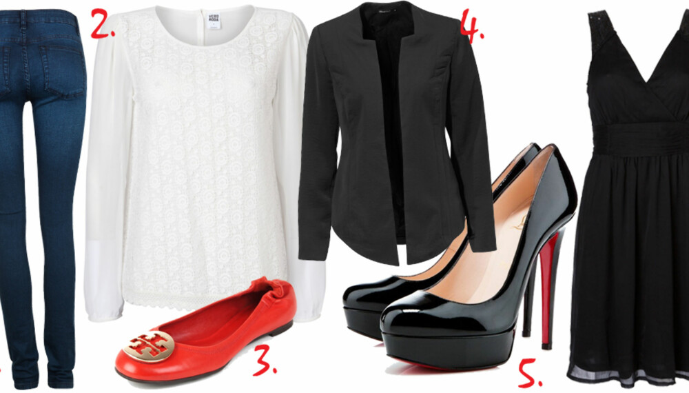 DISSE REDDER DAGEN: 1. Smale jeans, kr 299, Cubus. 2. Hvit bluse med broderier, kr 399, Vero Moda. 3. Ballerinasko fra Tory Burch, kr 1200, Shopbop.com. 4. Sort dressjakke, kr 399, Gina Tricot. 5. Sorte pumps fra Christian Louboutin, kr 2700, Netaporter.com. 6. Sort kjole, kr 199, Vero Moda. DISSE REDDER DAGEN: 1. Smale jeans, kr 299, Cubus. 2. Hvit bluse med broderier, kr 399, Vero Moda. 3. Ballerinasko fra Tory Burch, kr 1200, Shopbop.com. 4. Sort dressjakke, kr 399, Gina Tricot. 5. Sorte pumps fra Christian Louboutin, kr 2700, Netaporter.com. 6. Sort kjole, kr 199, Vero Moda.