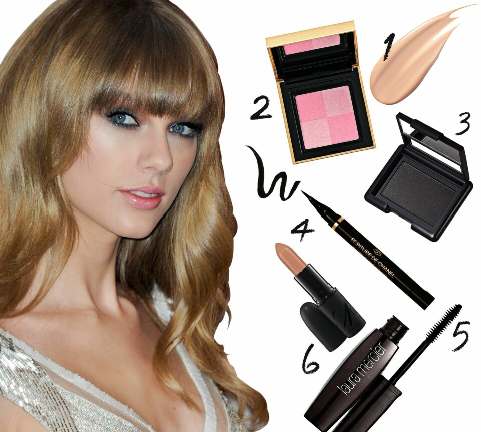 PRODUKTENE DU TRENGER: 1. YSL Le teint touche éclat, kr 310. 2. YSL Blush radiance, kr 350. 3. E.l.f. Studio single eyeshadow i fargen Charcoal, kr 30. 4. Chanel Ecriture de Chanel, kr 215. 5. Laura Mercier Volume mascara, kr 220. 6. Mac Lipstick Carine Roitfeld collection i fargen tropical mist, kr 185.
