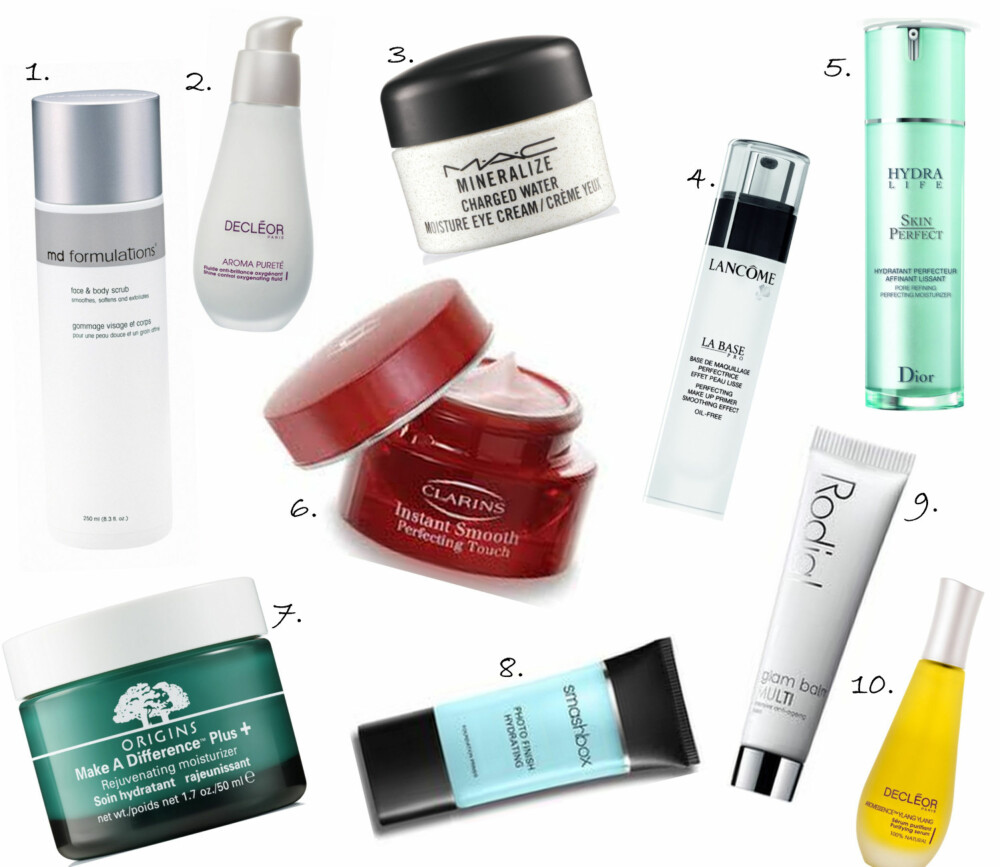 PLEIE OG PRIMER: 1. Face & Body Scrub fra MD Formulations (kr 498), 2. Aroma Pureté Oxygenating Matt Finish Fluid fra Decléor (kr 359), 3. Mineralize Charged Water Moisture Eye Cream fra MAC (kr 340), 4. La Base Pro fra Lancôme (kr 385), 5. Hydra Life Skin Perfect fra Dior (kr. 590), 6. Instant Smooth Perfecting Touch fra Clarins (kr 260), 7. Make A Difference¿ Plus + Rejuvenating Moisturizer fra Origins (kr 410), 8. Photo Finish Hydrating Primer fra Smashbox (kr 490), 9. Glam Balm Multi fra Rodial (kr 520), 10. Aromessence Angélique serum fra Decléor (kr 599). PLEIE OG PRIMER: 1. Face & Body Scrub fra MD Formulations (kr 498), 2. Aroma Pureté Oxygenating Matt Finish Fluid fra Decléor (kr 359), 3. Mineralize Charged Water Moisture Eye Cream fra MAC (kr 340), 4. La Base Pro fra Lancôme (kr 385), 5. Hydra Life Skin Perfect fra Dior (kr. 590), 6. Instant Smooth Perfecting Touch fra Clarins (kr 260), 7. Make A Difference¿ Plus + Rejuvenating Moisturizer fra Origins (kr 410), 8. Photo Finish Hydrating Primer fra Smashbox (kr 490), 9. Glam Balm Multi fra Rodial (kr 520), 10. Aromessence Angélique serum fra Decléor (kr 599).