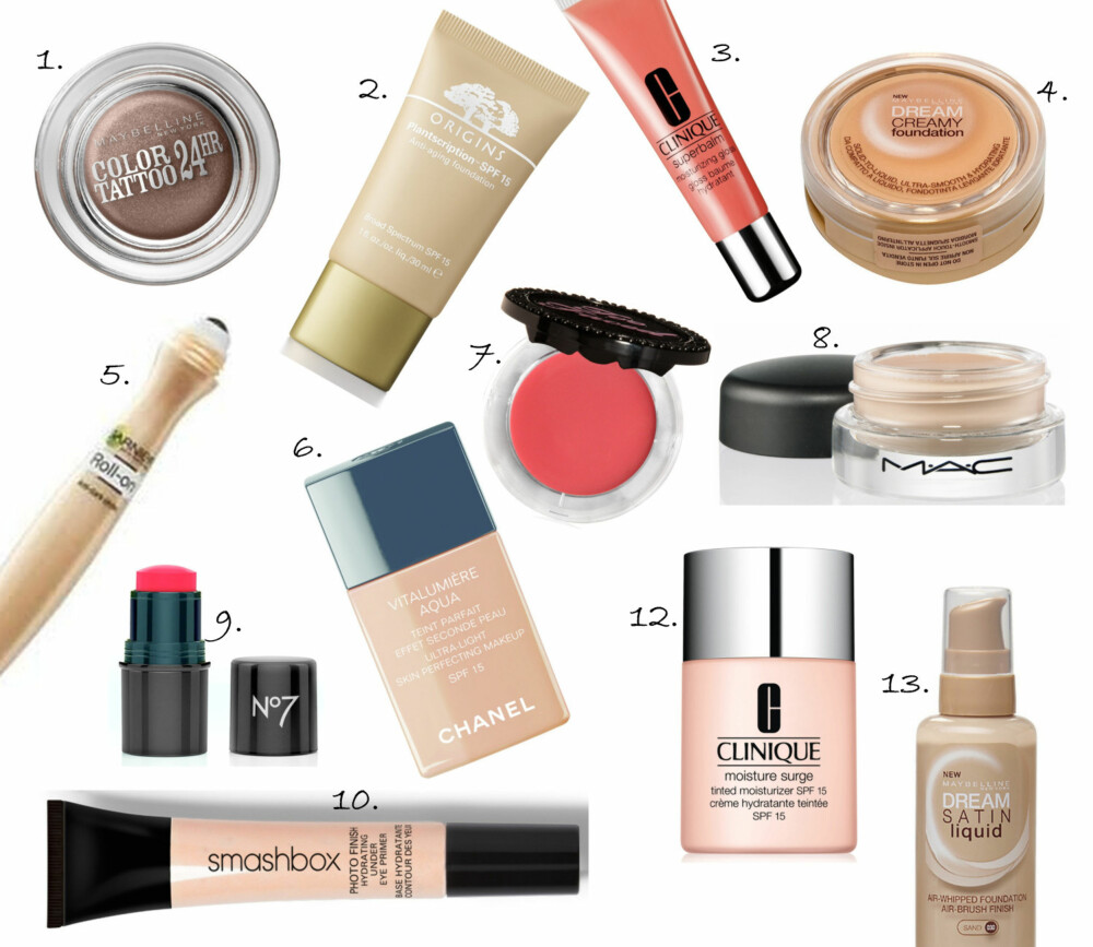 SMINKE: 1. Color Tattoo kremskygge fra Maybelline (kr 99), 2. Plantscription Foundation fra Origins (kr 320), 3. Superbalm Moisturizing Gloss i fargen Mango fra Clinique (kr 165), 4. Dream Creamy Foundation fra Maybelline (kr 159), 5. Tinted Roll On Eye Concealer fra Maybelline (kr 125), 6. Vitalumière Aqua Foundation fra Chanel (kr 390), 7. Full Bloom Cheek & Lip Color fra Too Faced (kr 225), 8. Paintpot i fargen Painterly fra MAC (kr 175), 9. Blush Tint Rouge fra No7 (kr 129), 10. Hydrating Under Eye Primer fra Smashbox (kr 190), 12. Moisture Surge Tinted Moisturizer SPF 15 fra Clinique (kr 285), 13. Dream Satin Liquid Foundation fra Maybelline (kr 159). SMINKE: 1. Color Tattoo kremskygge fra Maybelline (kr 99), 2. Plantscription Foundation fra Origins (kr 320), 3. Superbalm Moisturizing Gloss i fargen Mango fra Clinique (kr 165), 4. Dream Creamy Foundation fra Maybelline (kr 159), 5. Tinted Roll On Eye Concealer fra Maybelline (kr 125), 6. Vitalumière Aqua Foundation fra Chanel (kr 390), 7. Full Bloom Cheek & Lip Color fra Too Faced (kr 225), 8. Paintpot i fargen Painterly fra MAC (kr 175), 9. Blush Tint Rouge fra No7 (kr 129), 10. Hydrating Under Eye Primer fra Smashbox (kr 190), 12. Moisture Surge Tinted Moisturizer SPF 15 fra Clinique (kr 285), 13. Dream Satin Liquid Foundation fra Maybelline (kr 159).