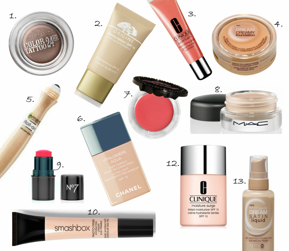 SMINKE: 1. Color Tattoo kremskygge fra Maybelline (kr 99), 2. Plantscription Foundation fra Origins (kr 320), 3. Superbalm Moisturizing Gloss i fargen Mango fra Clinique (kr 165), 4. Dream Creamy Foundation fra Maybelline (kr 159), 5. Tinted Roll On Eye Concealer fra Maybelline (kr 125), 6. Vitalumière Aqua Foundation fra Chanel (kr 390), 7. Full Bloom Cheek & Lip Color fra Too Faced (kr 225), 8. Paintpot i fargen Painterly fra MAC (kr 175), 9. Blush Tint Rouge fra No7 (kr 129), 10. Hydrating Under Eye Primer fra Smashbox (kr 190), 12. Moisture Surge Tinted Moisturizer SPF 15 fra Clinique (kr 285), 13. Dream Satin Liquid Foundation fra Maybelline (kr 159).