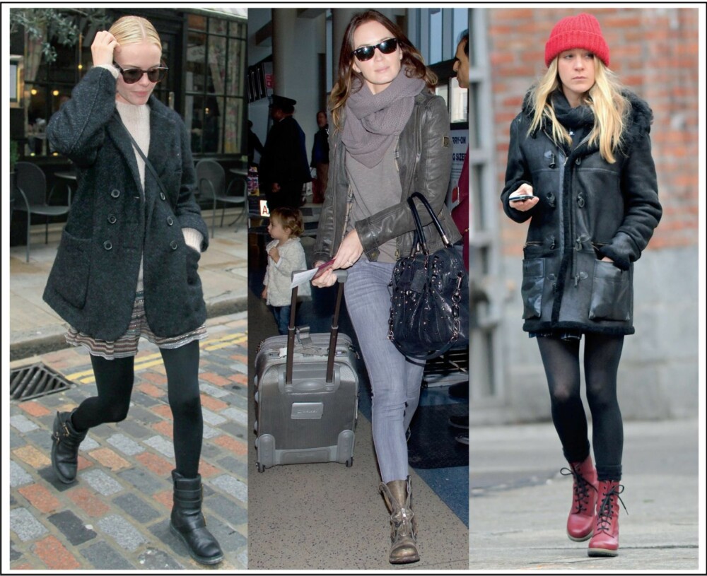 STJERNETREND: De stilsikre kjendisene f.v Kate Bosworth, Chloe Segviny og Emily Blunt er alle glad i varme vinter boots og styler de på en feminin måte med skjørt, kjoler eller smale jeans.