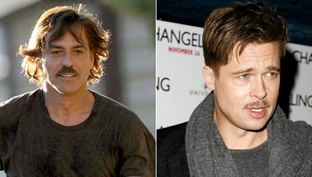 BUSTE-BARTE-PINN: George Clooney og Brad Pitt har latt hårene på overleppa gro.