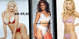 H&M-KAMPANJER: Anna Nicole Smith prydet plakatene i 1993, Cindy Crawford var allerede rundt omkring i Norges land i 1991, mens vi måtte vente helt til år 2000 på Claudia Schiffer.