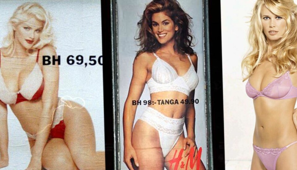 H&M-KAMPANJER: Anna Nicole Smith prydet plakatene i 1993, Cindy Crawford var allerede rundt omkring i Norges land i 1991, mens vi måtte vente helt til år 2000 på Claudia Schiffer.