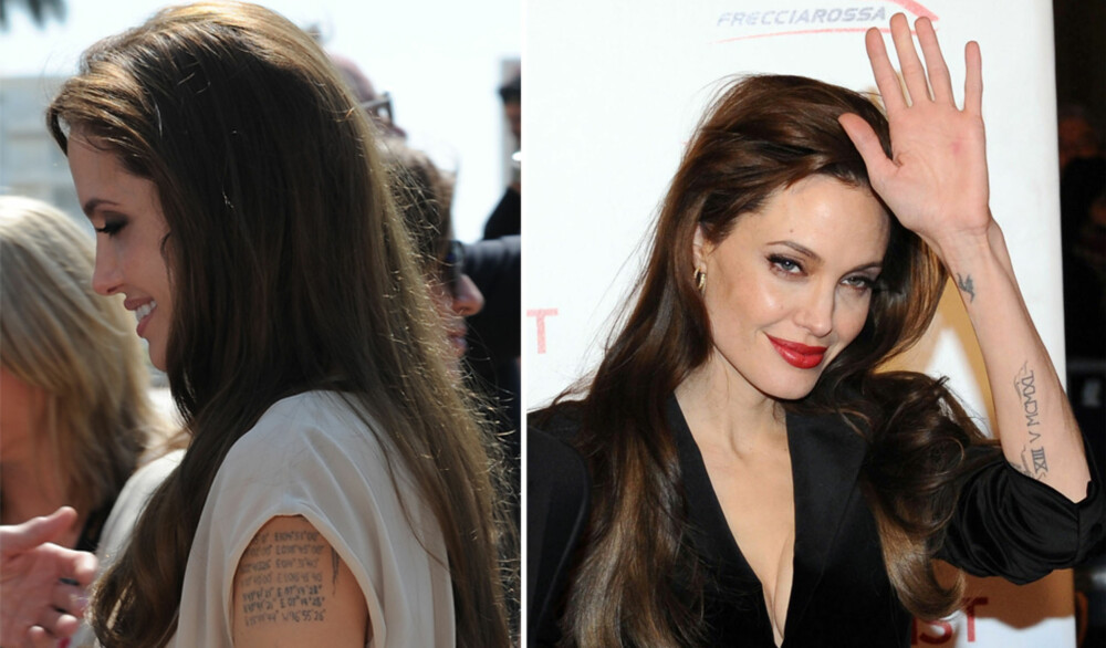 INKED: Angelina Jolie har ikke så rent få tatoveringer. Blant annet har hun fått risset inn koordinatene på hvor i verden alle hennes 6 barn er født.