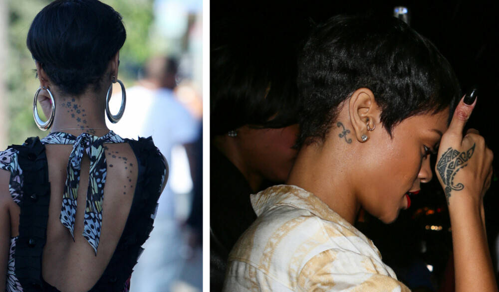 POPSTJERNE: Rhianna tatoverer seg raskere enn man rekker å følge med på. Stjernens kroppskunst inkluderer nakke, kravebein, hånd, finger, rykk og bryst. POPSTJERNE: Rhianna tatoverer seg raskere enn man rekker å følge med på. Stjernens kroppskunst inkluderer nakke, kravebein, hånd, finger, rykk og bryst.