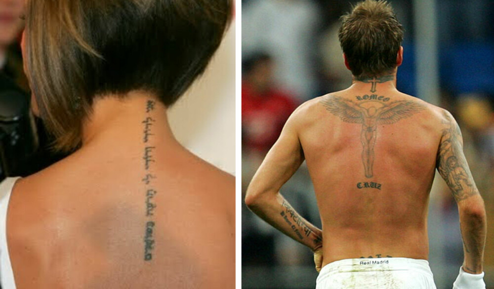 HANS OG HENNES: Både Herr og Fru Beckham har dekorert kroppen med diverse tatoveringer. HANS OG HENNES: Både Herr og Fru Beckham har dekorert kroppen med diverse tatoveringer.