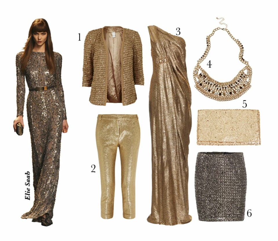 1. Jakke fra Vila, kr 499. 2. Bukse fra Tibi/Net-a-porter.com, kr 4500. 3. Kjole fra Marchesa Notte/Mytheresa.com, kr 7650. 4. Kjede fra Bik Bok, kr 249. 6. Skjørt fra Gestuz, kr 1299.