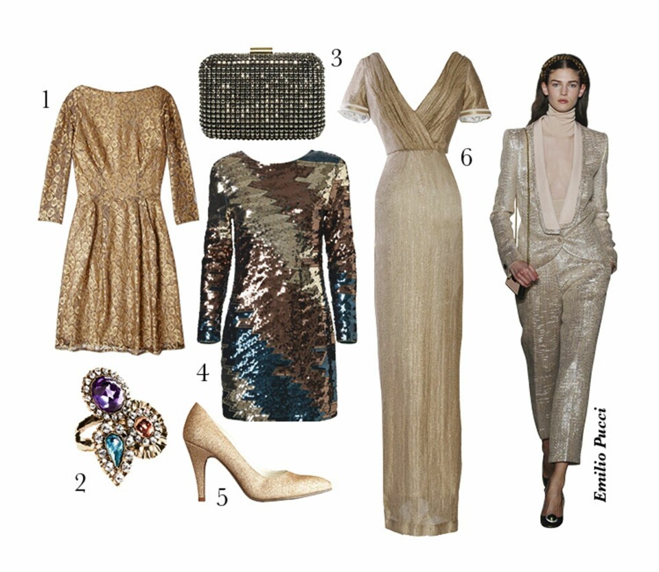 Kjole fra Issa/Mywardrobe.com, kr 7280. 2. Ring fra H&M, kr 69,50. 3. Veske fra Zara, kr 599. 4. Kjole fra By Malene Birger, kr 5399. 5. Sko fra La Redoute, kr 549. 6. Kjole fra Zetterberg, kr 4490.