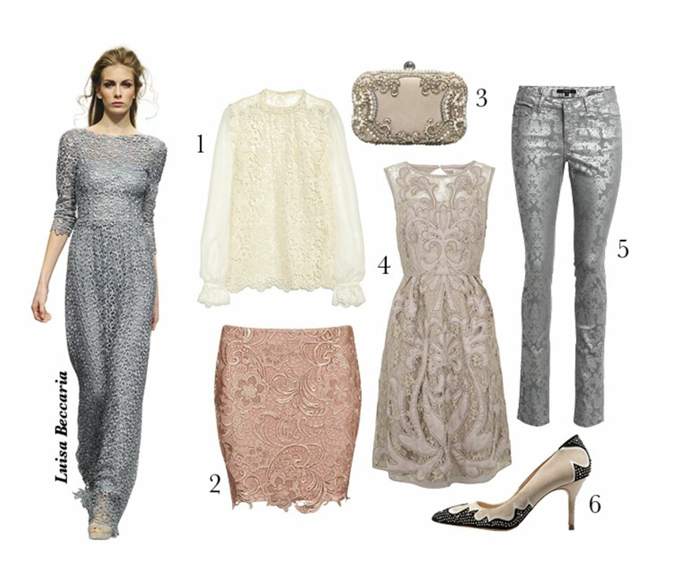 Topp fra Dolce & Gabbana/Net-a-porter.com, kr 4800. 2. Skjørt fra Cubus, kr 249. 3. Veske fra Zara, kr 599. 4. Kjole fra Monsoon, kr 1949. 5. Bukse fra Lindex, kr 399. 6. Sko fra Zara, kr 679.