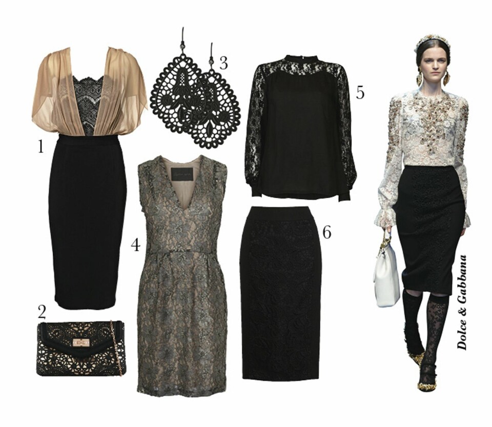 Kjole fra By Malene Birger. kr 2799. 2. Veske fra Aldo, kr 399. 3. Ørepynt fra Dyrberg/Kern, kr 329. 4. Kjole fra Stella Nova, kr 2999. 5. Topp fra Vila, kr 300. 6. Skjørt fra Monsoon, kr 715.