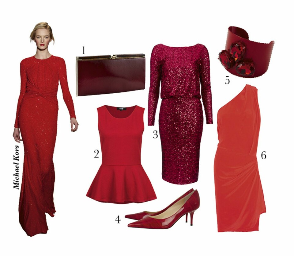 1. Veske fra Accessorize, kr 365. 2. Topp fra Bik Bok, kr 249. 3. Kjole fra Asos.com, kr 675. 4. Sko fra Jimmy Choo/Net-a-porter.com, kr 3750. 5. Armbånd fra Asos.com, kr 155. Kjole fra Acne, kr 3195.