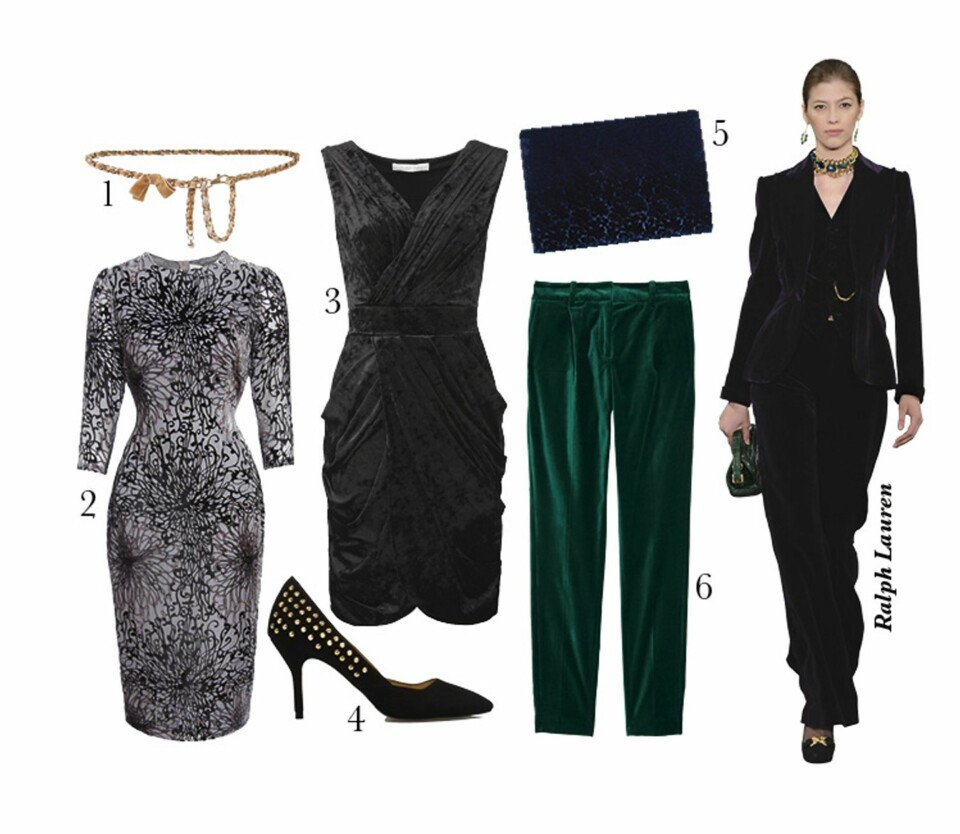 1. Belte fra Zara, kr 199. 2. Kjole fra Asos.com, kr 985. 3. Kjole fra Moods of Norway, kr 2000. 4. Sko fra Zara, kr 599. 5. Veske fra Stella McCartney/Net-a-porter, kr 4100. 6. Bukse fra By Malene Birger, kr 1199.