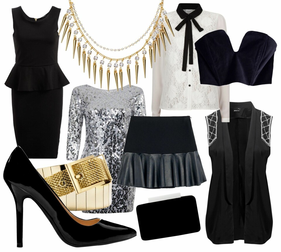 PARTYKUPP: Svart kjole fra Lindex, kr 299. Statementsmykke fra H&M, kr 199. Bluse med svarte detaljer fra Cubus, kr 249. Bustier fra Weekday, kr 299. Svarte pumps fra Zara, kr 259. Metallisk belte fra Mango, kr 299. Paljettkjole fra Bik Bok, kr 299. Skjkørt fra Zara, kr 299. Clutch fra Zara, kr 259. Vest fra Gina Tricot, kr 299.