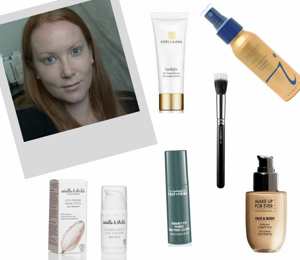 HUDEN ER ALFA OMEGA: 1. Spotlight Skin Tone Perfector fra Estée Lauder (kr ), 2. D2O Hydration Spray fra Jane Iredale(kr 235), 3. Small Duo Fiber Face Brush  #188 fra MAC (kr 315), 4. Eye Cream Rose Otto fra Estelle & Thild (kr 215), 5. PREP + PRIME Vibrancy Eye Primer fra MAC (kr 250), 6. Face & Body Foundation fra Make Up For Ever (kr 417).