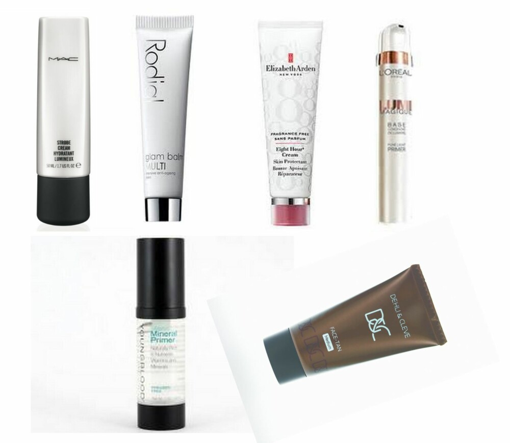 MEDHJELPERE: 1. Strobe Cream fra MAC (kr 300), 2. Glam Balm Multi Anti-aging balm fra Rodial (kr 520, 3. Eight Hour Cream uten parfyme fra Elizabeth Arden (kr 325), 4. Lumi Magique Primer fra L'Oréal Paris (kr 179), 5. Mineral Primer fra Youngblood (kr 499), 6. Face Tan i fargen Medium fra Dehli & Cleve (kr 220).