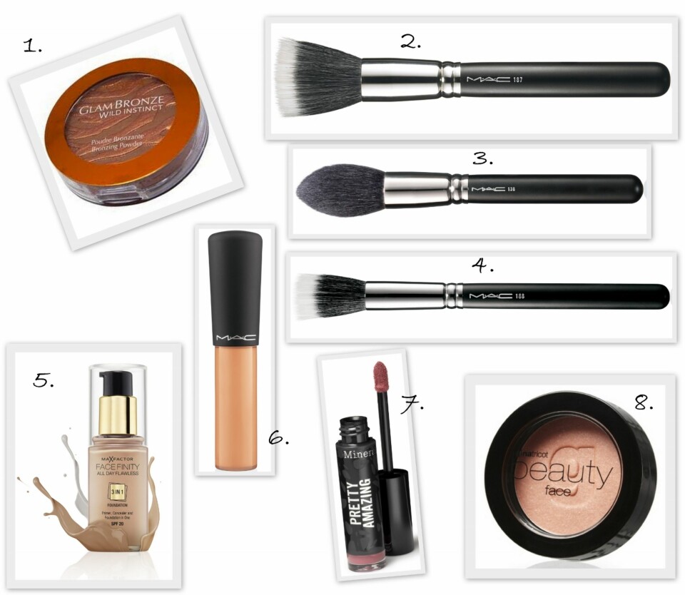 PRODUKTER BRUKT PÅ HUD: 1. Glam Bronze Wild Instinct fra L'oréal Paris (kr 99), 2. Stipling Face Brush #187 fra MAC (kr 395), 3. Pointed Face Brush #138 fra MAC (kr 495), 4. Small Duo Fiber Face Brush #188 fra MAC (kr 315), 5. Face Finity 3 in 1 Primer, Concealer & Foundation fra Max Factor (kr 169), 6. Mineralize Concealer fra MAC (kr 160), 7. Pretty Amazing i fargen Fearless fra Bare Minerals (kr 299), 8. Rouge i fargen Peachy fra Gina Tricot 49kr.