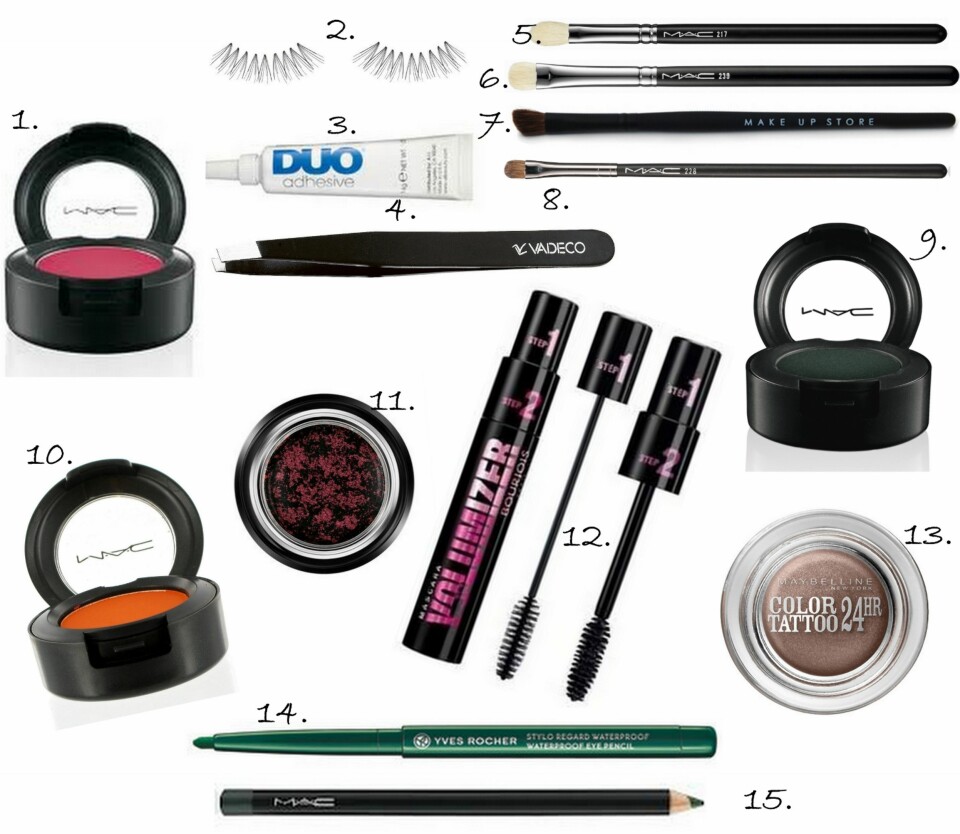 ØYESMINKE BRUKT: 1. Eye Shadow i fargen Passionate fra MAC (kr 160), 2. Punktvipper i Medium fra Ardell (kr 85), 3. Duo Vippelim (kr 145), 4. Top Quality Tweezer fra Vadeco - nelly.no (kr 59), 5. Blending Brush #217 fra MAC (kr 195), 6. Eye shading #239 fra MAC (kr 230), 7. Shading Angled Brush #115 fra Make Up Store (kr 195), 8. Mini Shader #228 fra MAC (kr 195), 9. Eye Shadow i fargen Club fra MAC (kr 160), 10. Eye Shadow i fargen Orange fra MAC (kr 160), 11. Eyes to Kill i fargen Lust Red fra Georgio Armani (ca kr 185), 12. Volumizer Ultra Black Maskara med to koster fra Bourjois - Asos.com (ca kr 105), 13. Color Tattoo 24hr Gel-Cream Eyeshadow i fargen On and On Bronze fra Maybelline Eyestudio (kr 99), 14. Vannfast kajal i Grønn fra Yves Rocher (kr 79), 15. Eye Pencil i fargen Mystery fra MAC (kr 150).
