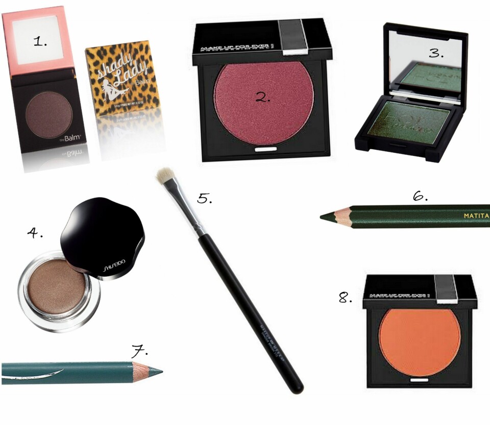 ALTERNATIVER TIL ØYESMINKEN: 1. Shady Lady pudderskygge i fargen Curvy Cami fra The Balm (kr 159), 2. Satiny Eye Shadow i fargen Rosewood fra Make Up For Ever (kr 161), 3. Single Eyeshadow i fargen Dark Petrol fra Hot Makeup - Nelly.no (kr 59), 4. Shimmering Cream Eyecolor i fargen Leather fra Shiseido (kr 299), 5. Pro Shadow Shader Brush fra Makeup Mekka (kr 99), 6. Design Eye Pencil i fargen Petrol fra Collistar (kr 145), 7. Brow & Eyeliner Pencil i fargen Grønn fra Wet'N Wild (kr 39), 8. Satiny Eye Shadow i fargen Rust Orange fra Make Up For Ever (kr 161).