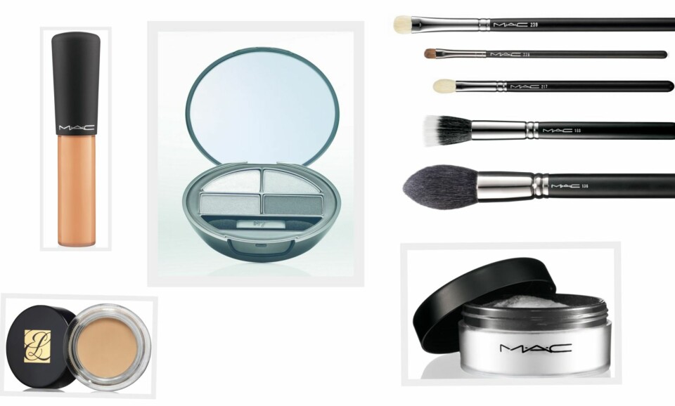 PRODUKTER BRUKT 1. Mineralize Concealer fra MAC (kr 160), 2. Double Wear Stay In Place Eyeshadow Base fra Estée Lauder (kr 185), 3. Stay Perfect Eye Shadow Quad i fargene Night Shadows fra No7 (kr 149), 4. Eye shading #239 fra MAC (kr 230), 5. Mini Shader #228 fra MAC (kr 195), 6. Blending Brush #217 fra MAC (kr 195), 7. Small Duo Fiber Face Brush #188 fra MAC (kr 315), 8. Pointed Face Brush #138 fra MAC (kr 495), 9. Prep + Prime Transparent Finishing Powder Loose fra MAC (kr 200).