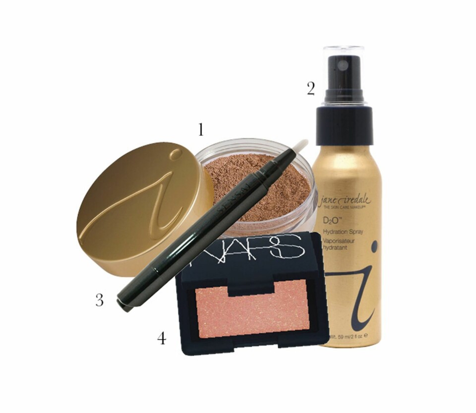 1. Kompaktpudder fra Jane Iredale, kr 490. 2. Fikseringsspray fra Jane Iredale, kr 235. 3. Concealer fra Kanebo Sensai, kr 359. Rouge fra Nars, kr 215.