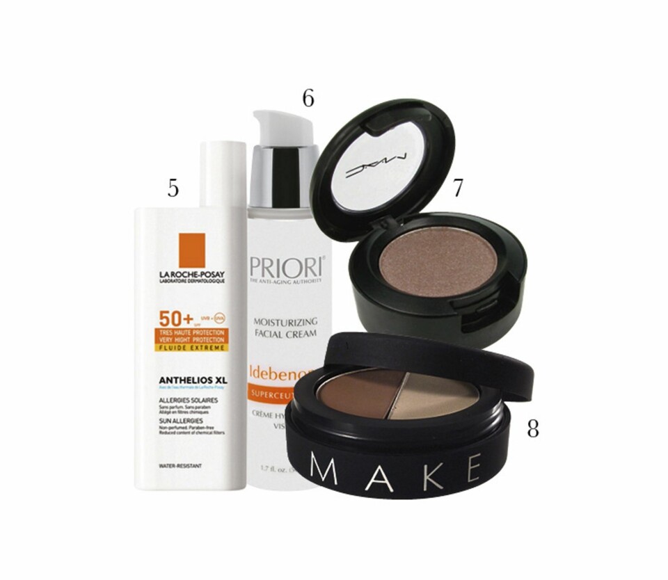 5. Solkrem fra La Roche-Posay, kr 219. 6. Fuktighetskrem fra Priori, kr 1159. 7. Øyenskygge fra Mac, kr 159. Brynskygge fra Makeup Store, kr 185.