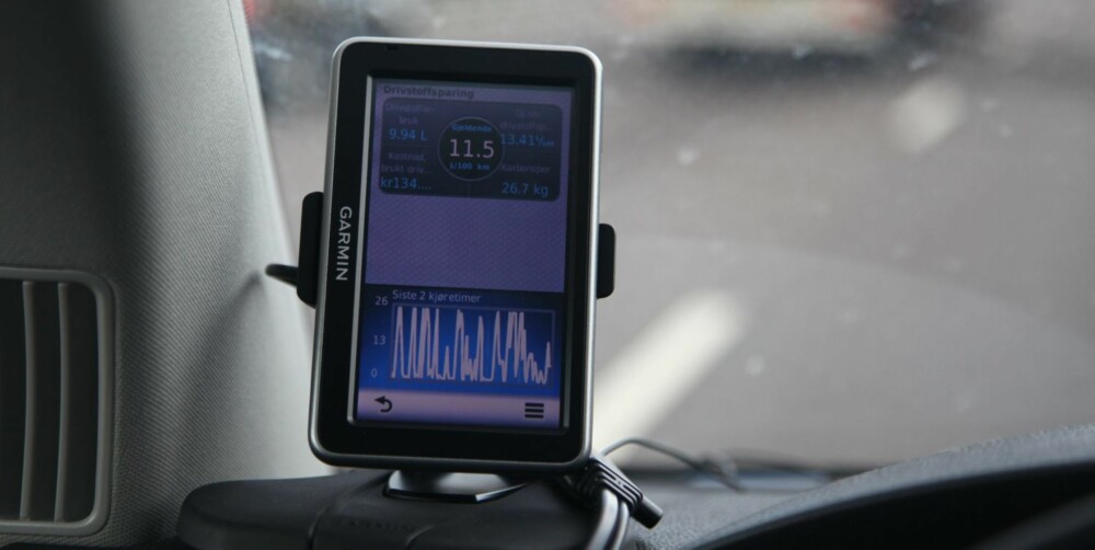STANDARD: Har du ikke Android-telefon kan du bruke en kompatibel nüvi-enhet som kjøredatamaskin for diagnostikk i sanntid med ecoRoute HD. ecoRoute HD sjekker bilens ytelse og gir detaljerte systemdata, inkludert data om trykk i inntaksmanifold, temperatur på lufttinntak, tidsangivelse og mer. FOTO: Terje Haugen
