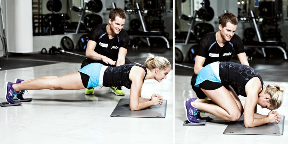 PLANKE MED INNTREKK: Trener hoftemusklene og stabilisering mage/rygg.