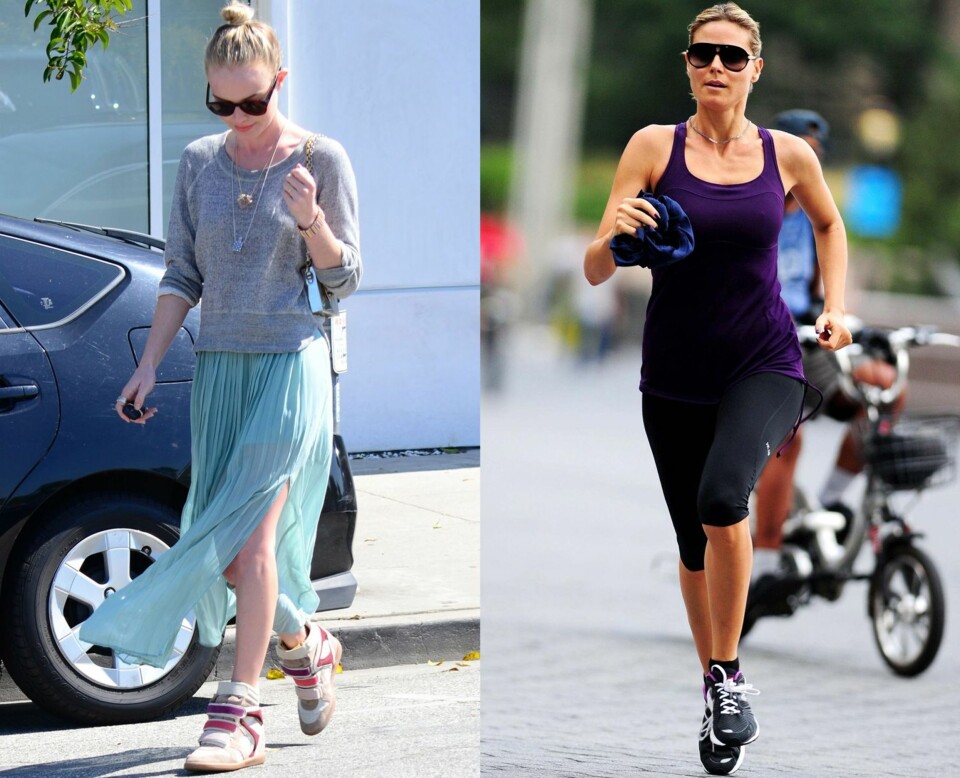 SPORTY KJENDISER: Kate Bosworth setter et sporty preg på det feminine skjørtet med et par kilehæl joggesko, mens Heidi Klum løper for harde livet i noen klassiske sorte asfaltsko med god demping.
